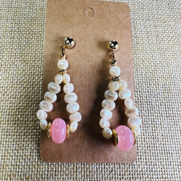 Handcrafted Pearl & Pink Bead Dangle Earrings Gold Plated Posts - Picture 1 of 4